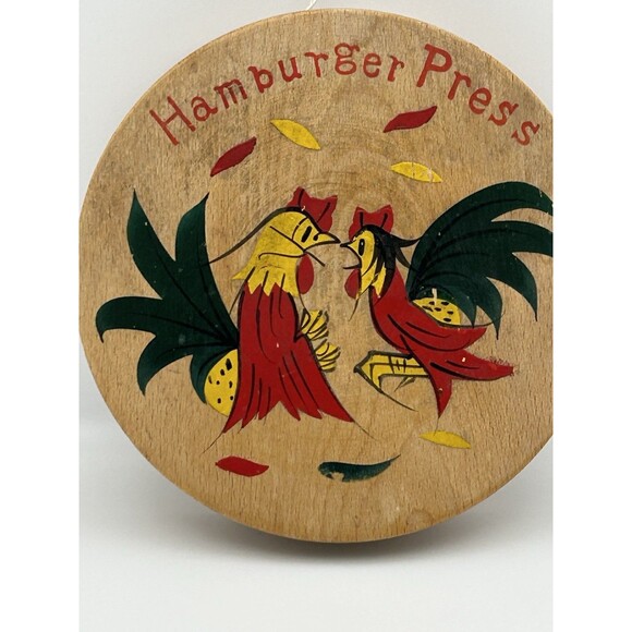 Other - VINTAGE WOODEN CHICKEN ROOSTER HAMBURGER PRESS 6" Fighting Roosters Folk Art 010